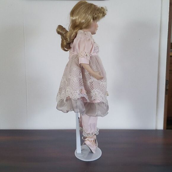 Pretty Vintage 17" Porcelain Doll with Metal Stand - Picture 6 of 13